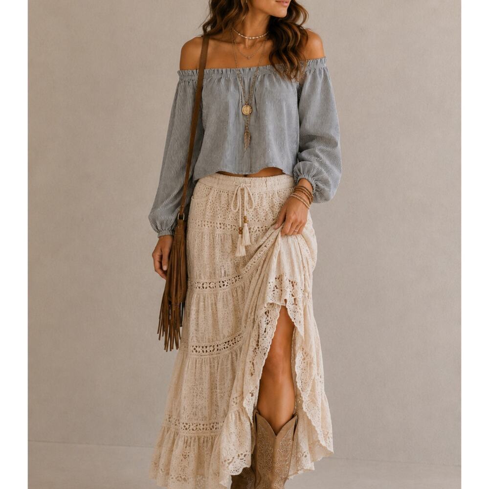Brandy Melville Grey Striped Off Shoulder Balloon Sleeve Blouse Womens Small